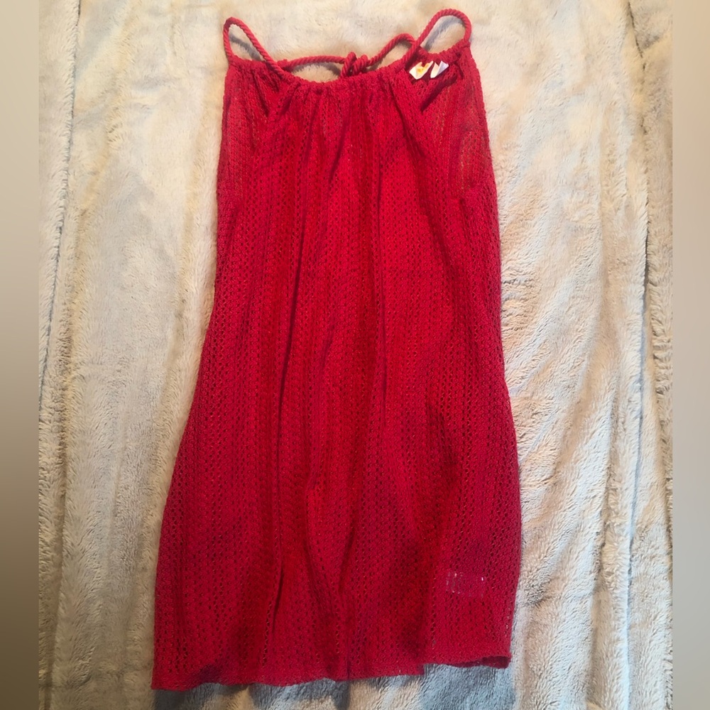 C & C CALIFORNIA Women SZ Medium Red Cover-up Crochet Knitted Halter Dress